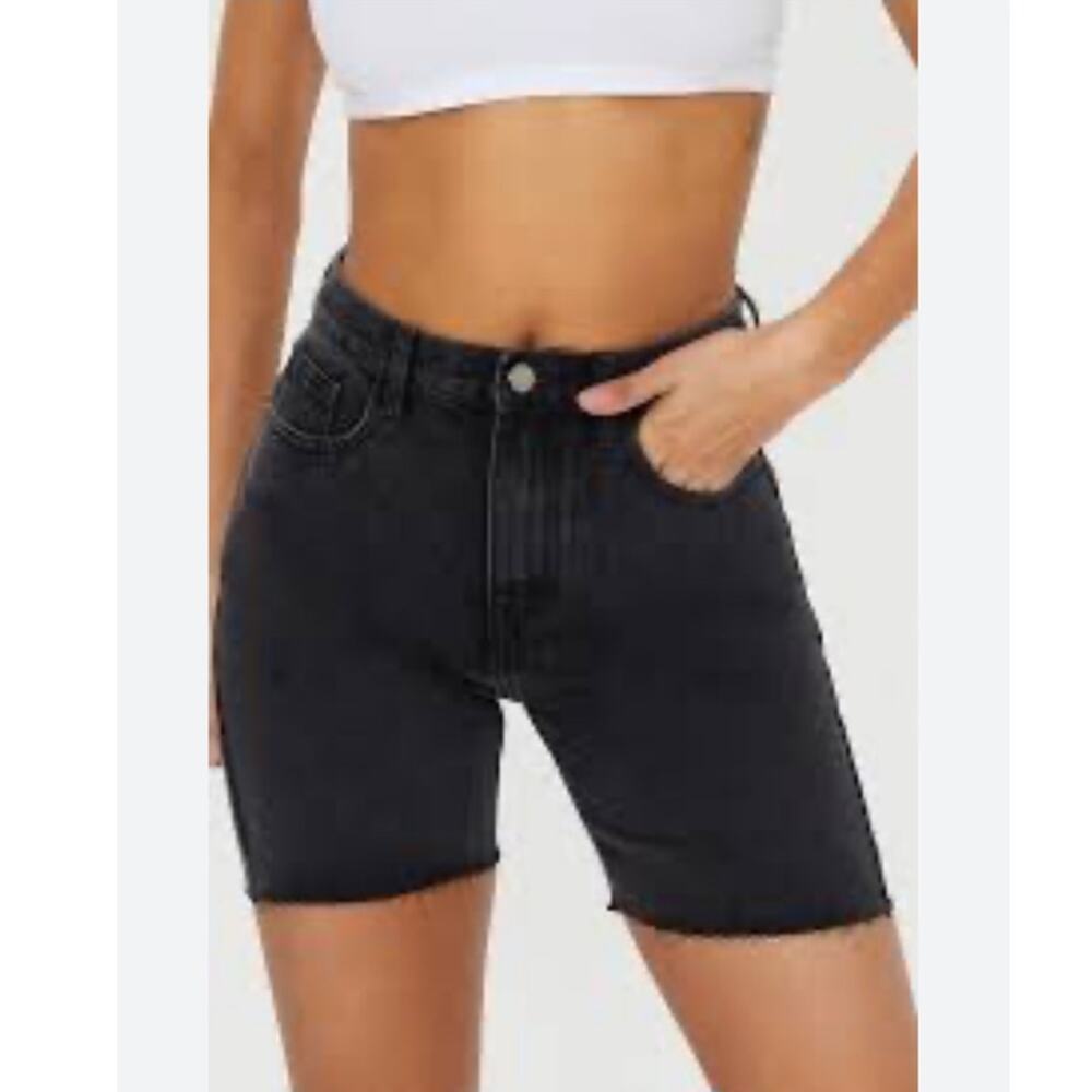 NWT Pretty Little Thing Washed Black Longline Fitted‎ Denim Shorts Sz 8 US/12 UK